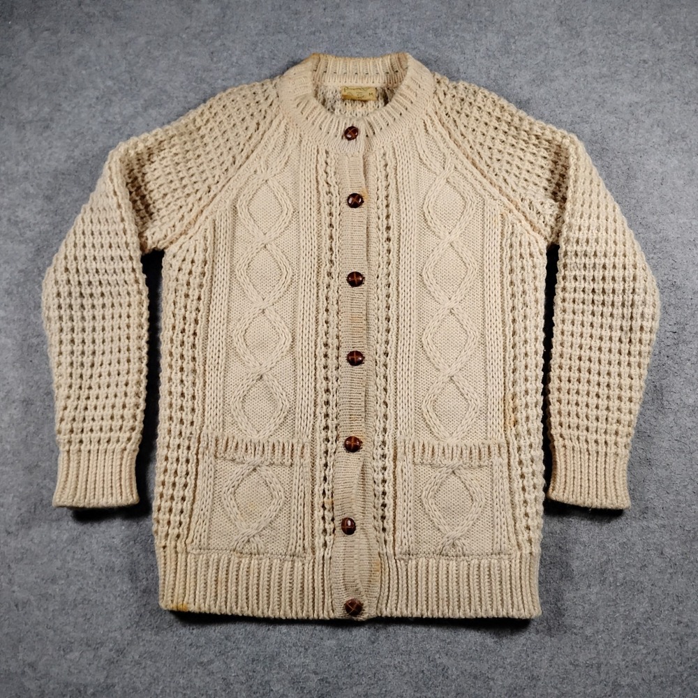 Falcarragh Vintage Irish Wool Aran Cable Knit Cardigan Sweater Cream Mens Medium